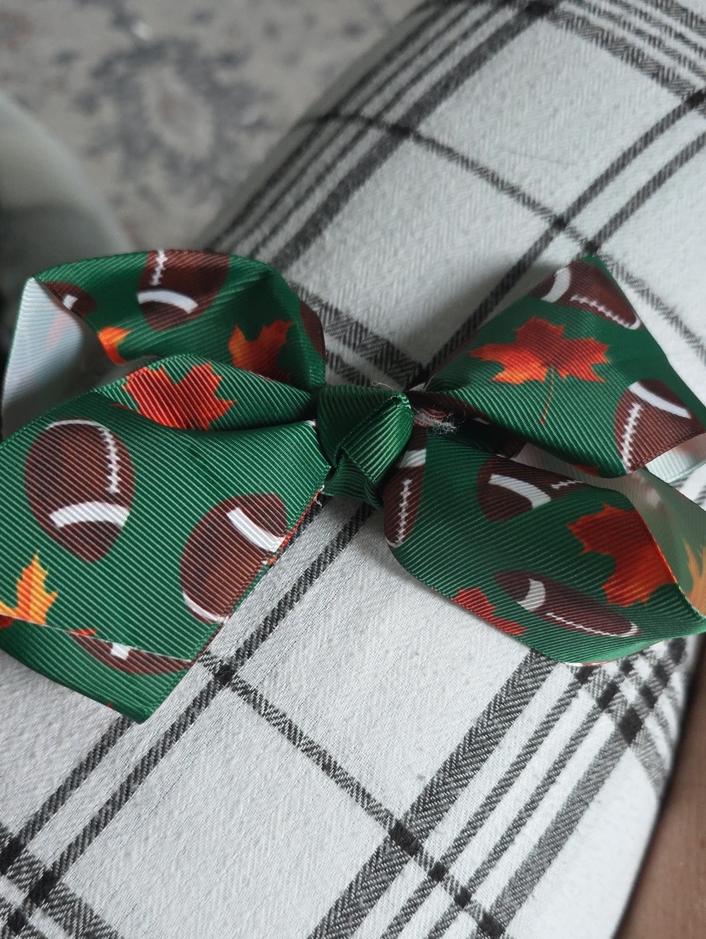Kids Green Football & Leaf Pattern Hair Bow